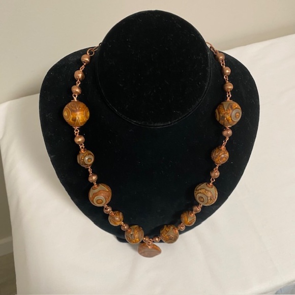 Artisan Tibetan Natural Dzi Agate Beads Copper Links Necklace Size 14" - Picture 2 of 8